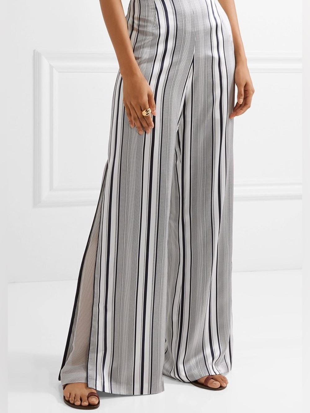 Jonathan Simkhai Striped Silk Satin Wide-Leg Palazzo Pants Navy & White
